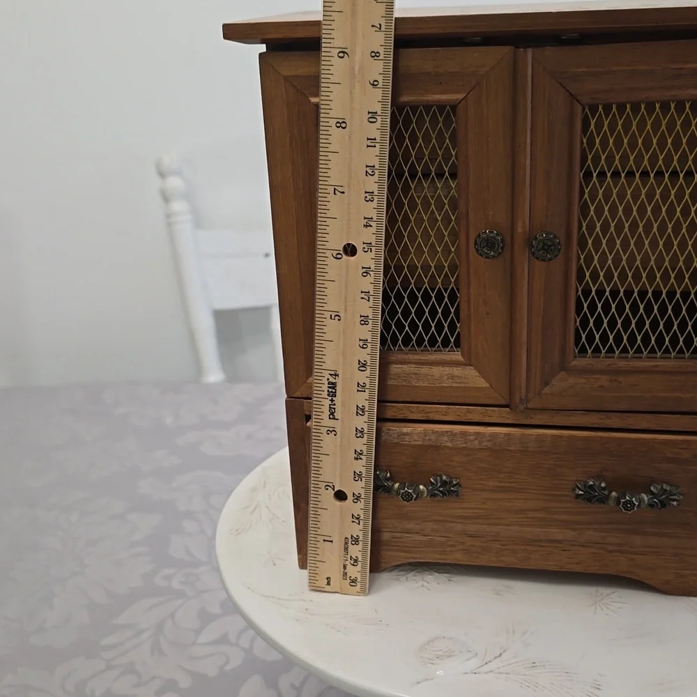 Vintage Mid Century Wood Music Jewelry Box 4 Drawers Mesh Wire Door Metal Pulls